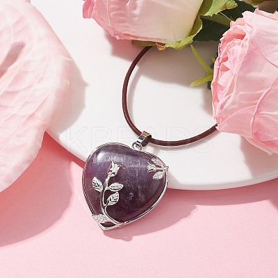 Natural Amethyst Heart Pendant Necklace with Cowhide Leather Cords NJEW-JN04598-01-1