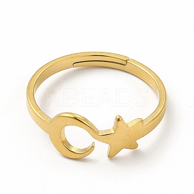 Ion Plating(IP) 304 Stainless Steel Star and Moon Adjustable Ring for Women LS-RJEW-B027-15G-1