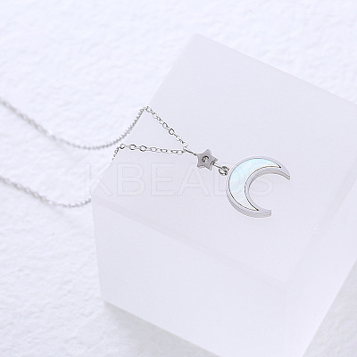 Stainless Steel Pave Natural White Shell Moon Pendant Necklaces for Women GV4177-1