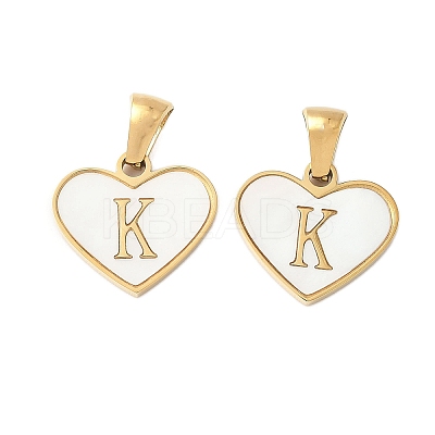304 Stainless Steel Pave Natural White Shell Heart with Initial Slice Pendants STAS-R168-25G-K-1