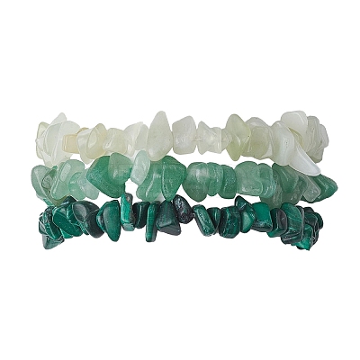3Pcs Natural Green Aventurine & Natural Prehnite & Natural Malachite Chip Beaded Stretch Bracelet Sets BJEW-JB10862-1