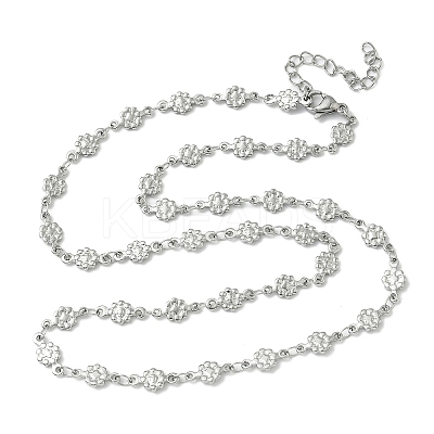 304 Stainless Steel Textured Flower Link Chain Necklaces NJEW-Z084-01P-1