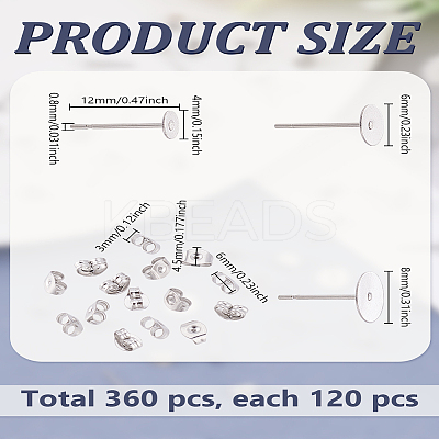360Pcs 3 Styles 304 Stainless Steel Stud Earring Findings STAS-LP0002-14-1
