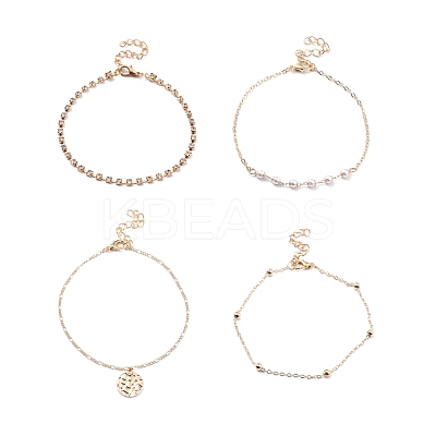 4Pcs 4 Style Boho Alloy Chain Anklets Set with Resin Pearl Beaded and Flat Round Charm SJEW-D009-03KCG-1