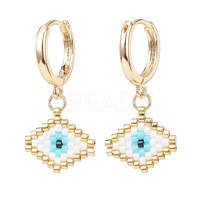 Japanese Seed Braided Rhombus with Evil Eye Dangle Hoop Earrings EJEW-MZ00002-01-1