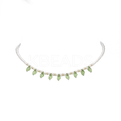 Acrylic Leaf Charm Necklace with Imitation Pearl Beaded for Women NJEW-JN04138-1