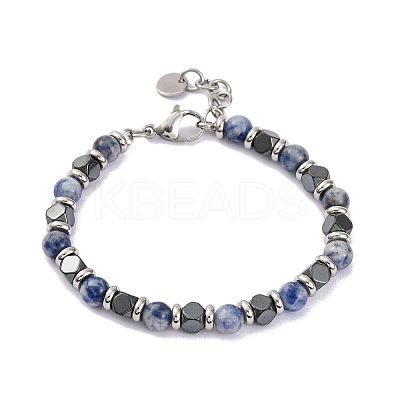 Natural Sodalite & Magnetic Synthetic Hematite Round Beaded Bracelet X-BJEW-P339-02P-05-1