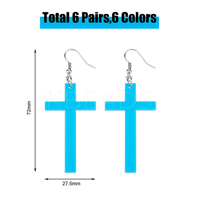 6 Pairs 6 Colors Acrylic Cross Dangle Earrings with Platinum Iron Pins for Woman EJEW-FI0003-25-1