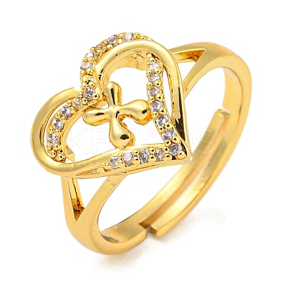 Heart with Letter Rack Plating Brass Micro Pave Clear Cubic Zirconia Adjustable Rings for Women RJEW-I105-01G-X-1