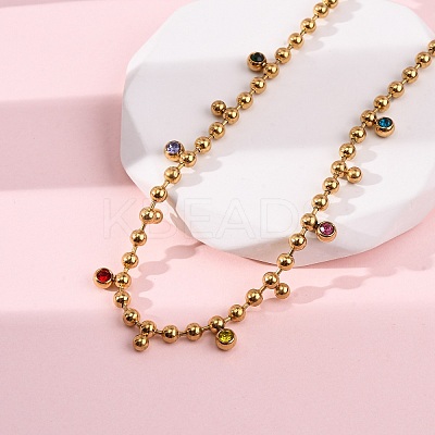 304 Stainless Steel Ball Chain Colorful Cubic Zirconia Flat Round Tassel Necklaces for Women NJEW-L157-10G-1