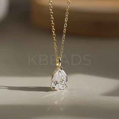 925 Sterling Silver Pave Clear Cubic Zirconia Teardrop Pendant Necklaces NJEW-G172-01G-1