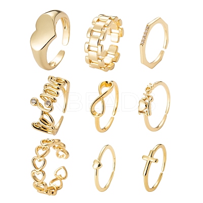 9Pcs 9 Style Brass Cuff Rings RJEW-LS0001-11G-1
