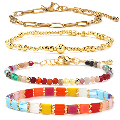 Colorful Glass Gemstone Brass Beaded Stretch Bracelet Sets TV5355-1