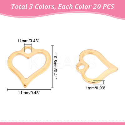 60Pcs 3 Colors 304 Stainless Steel Open Heart Charms STAS-DC0007-60-1