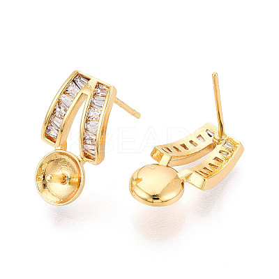 Brass Micro Pave Clear Cubic Zirconia Stud Earrings Findings for Half Drilled Beads KK-T071-13G-1