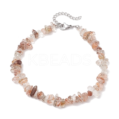Natural Black Gold Rutilated Quartz Chip Beaded Anklets for Women AJEW-AN00695-1