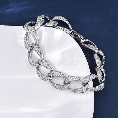 Brass Micro Pave Clear Cubic Zirconia Curb Chain Bracelets for Women BJEW-A034-04B-P-1