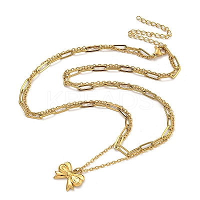 304 Stainless Steel Bowknot Pendant Necklaces NJEW-L182-001G-04-1