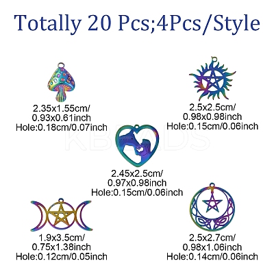 20Pcs 5 Styles 201 Stainless Steel Pendants STAS-YW0002-68-1