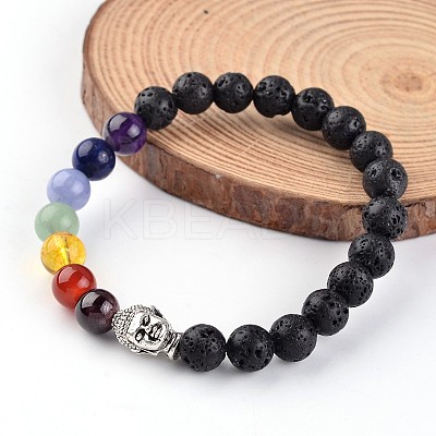 Buddha Head Natural Lava Rock Beaded Chakra Stretch Bracelets BJEW-JB02226-01-1