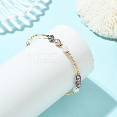 Nuggets Natural Cultured Freshwater Pearl & Brass Beaded Copper French Wired Bangles BJEW-JB13980-1