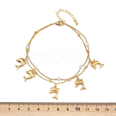 304 Stainless Steel with Acrylic Bead Double Layer Dolphin Charm Anklets for Women AJEW-G069-01G-1