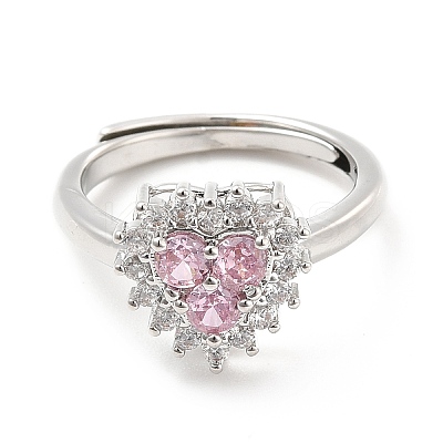 Rack Plating Brass Micro Pave Pink & Crystal Cubic Zirconia Heart Adjustable Rings RJEW-E064-17P-1