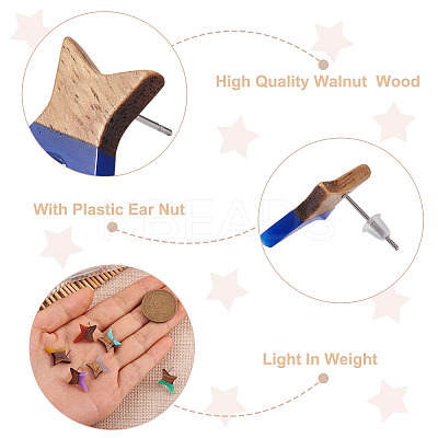30Pcs 15 Colors Walnut Wood Star Stud Earrings EJEW-FW0001-02-1
