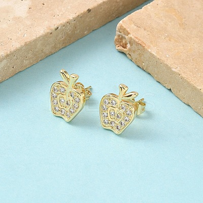 Apple Brass Micro Pave Clear Cubic Zirconia Stud Earrings EJEW-Z144-24G-1