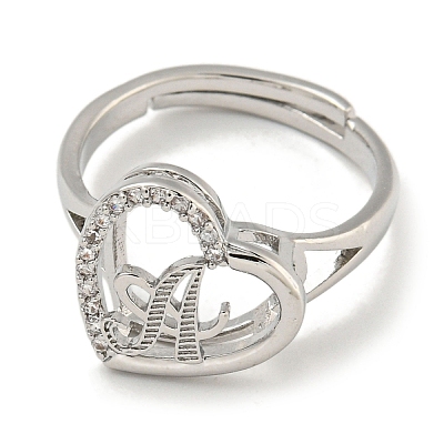 Heart with Letter Rack Plating Brass Micro Pave Cubic Zirconia Adjustable Rings for Women RJEW-I105-06P-A-1