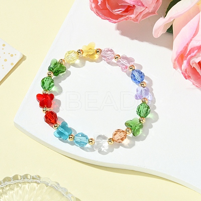 Butterfly & Faceted Round Glass & Brass Beaded Stretch Bracelets for Women BJEW-FS00005-1