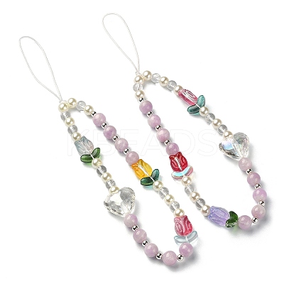 Tulip & Heart Natural Kunzite/Quartz Crystal & Glass Beaded Mobile Straps HJEW-TA00041-1