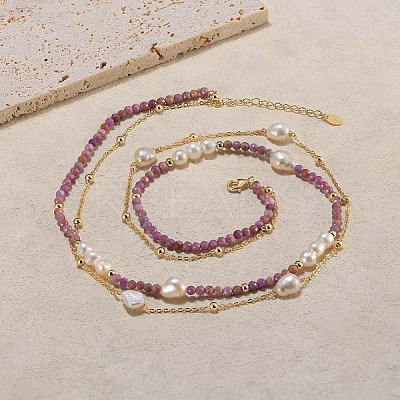 Natural Lepidolite & Pearl Beaded Double Layer Necklaces NJEW-G121-01G-1