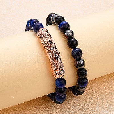2Pcs 2 Style Dyed & Heated Natural Tiger Eye & Gemstone Stretch Bracelets Set BJEW-SW00090-1