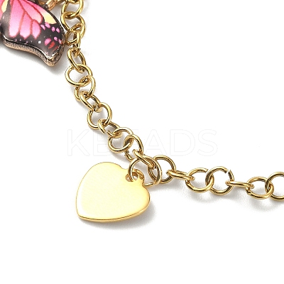 Enamel Butterfly & Alloy Heart Charm Bracelet with Ion Plating(IP) 304 Stainless Steel Chains BJEW-JB09558-1