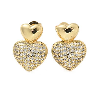 Brass Micro Pave Clear Cubic Zirconia Stud Earrings for Women EJEW-U034-01G-01-1