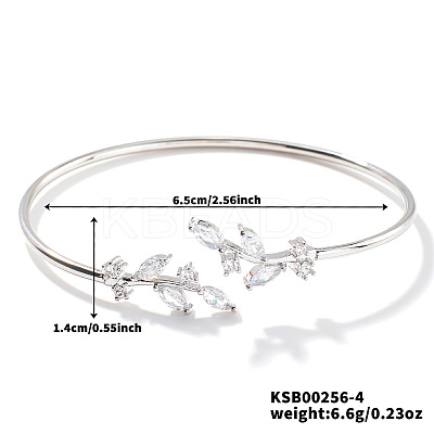 Elegant Brass Cubic Zirconia Leaf Cuff Bangles for Women VL7639-4-1