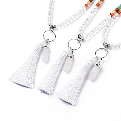Natural Quartz Crystal Bullet & Tassel Pendant Necklace with Mixed Gemstone Beaded Chains NJEW-E585-02G-1