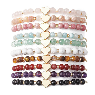 Heart Natural Gemstone Round Beads Braided Nylon Thread Bracelets for Women BJEW-MZ00166-1