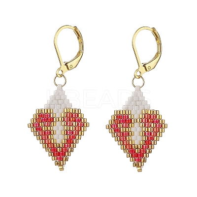 Glass Seed Braided Rhombus with Heart Dangle Leverback Earrings EJEW-MZ00030-02-1