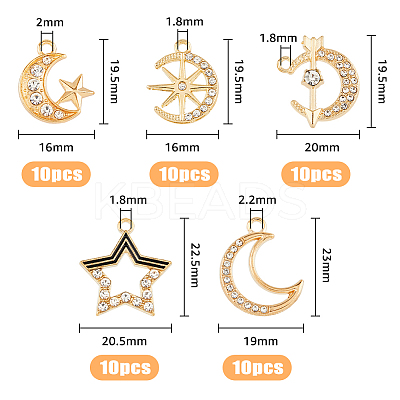 50Pcs 5 Style Moon & Star & Arrow Alloy Pendants FIND-HY0002-56-1