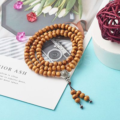 Round Natural Wood Mala Bead Bracelet BJEW-JB06907-1