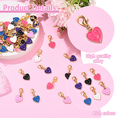 48Pcs 6 Colors Alloy Enamel Heart with Smiling Face Pattern Pendant Decorations HJEW-YW00178-1