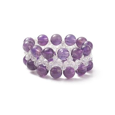 Natural Amethyst & Glass Braided Beaded Stretch Ring for Women RJEW-JR00546-02-1
