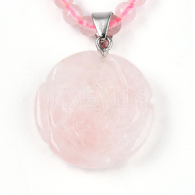 Natural Rose Quartz 4.5mm Round Beaded Flower Pendant Necklaces NJEW-T016-04O-1