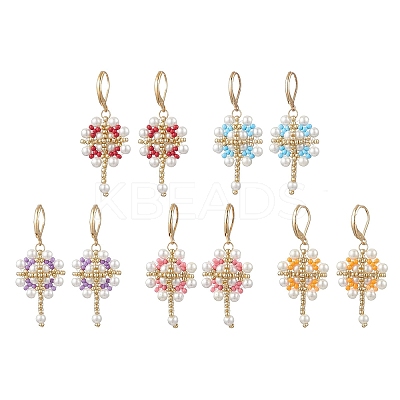 Flower with Cross 304 Stainless Steel Earrings Glass Seeds Leverback Earrings EJEW-MZ00507-1