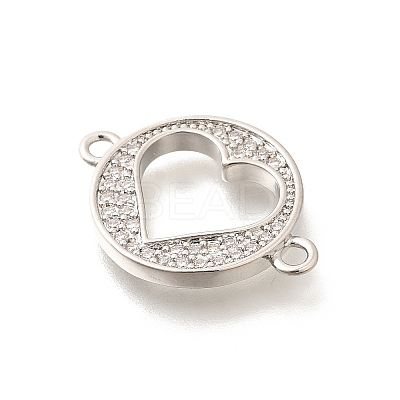 Rack Plating Brass Clear Cubic Zirconia Flat Round with Hollow Heart Connector Charms KK-L225-036P-1