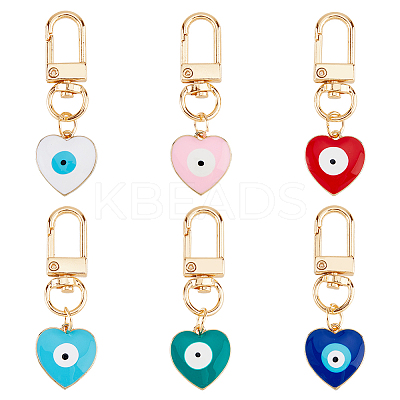 6Pcs 6 Colors Heart with Evil Eye Alloy Enamel Pendant Decoration KEYC-DC0001-27-1