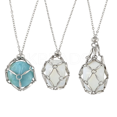 3Pcs 3 Styles 304 Stainless Steel Macrame Pouch Pendant Necklaces NJEW-YW00006-1