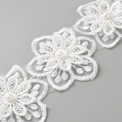 Organza Embroidery Flower Lace Triming with Imitation Pearl OCOR-WH0077-089A-1